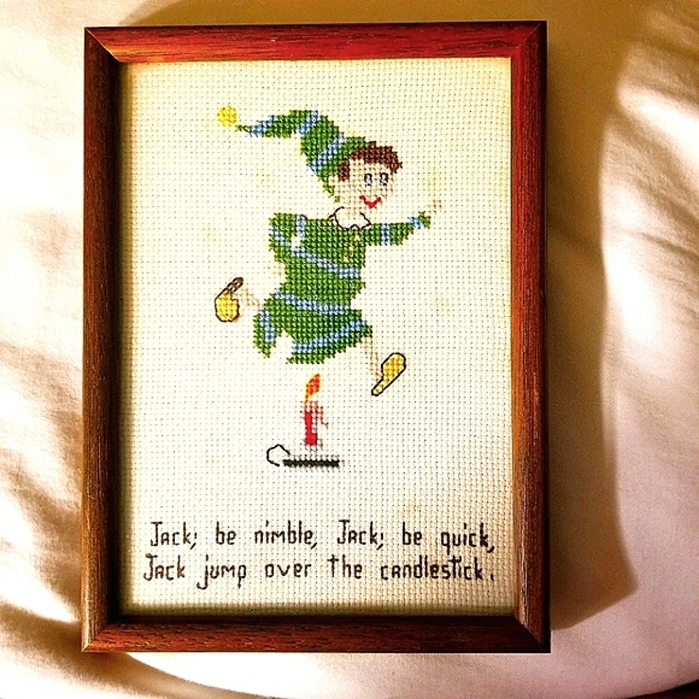 Vtg Jack nursery rhyme framed cross stitch